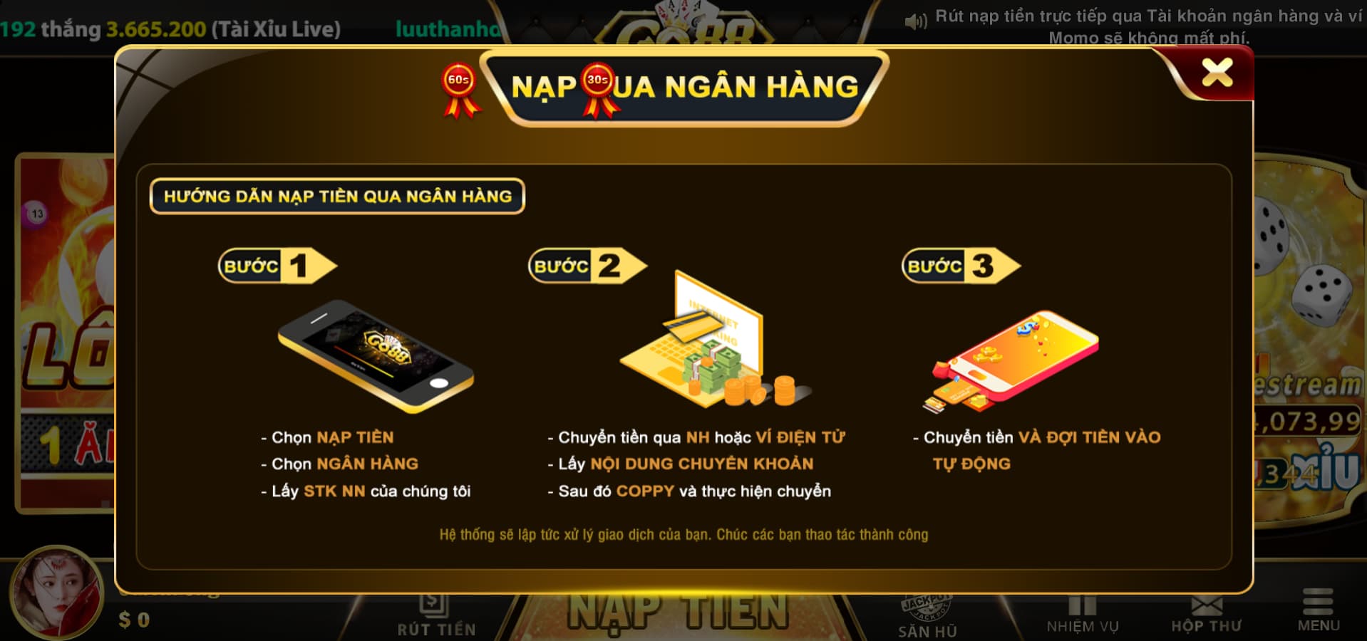 Hình thức chuyển tiền Go88 tại quầy ngân hàng 